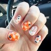 Cute Halloween Press on Nails Short Square Orange Fake Nails with Ghosts & Flower Design Orange Yellow Checkered False Nails Nude Acrylic Glue on Nails Stick on Nails for Women Girls 24pcs Nail Decor