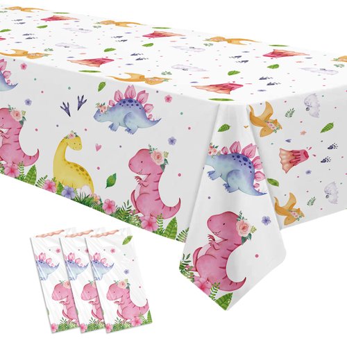 Suhelkit Dinosaur Birthday Party Supplies Tablecloth for Girl - Pink Dino Dinosaur Baby Shower Decorations Table Cover, Dinosaur Birthday Table Decorations Table Cloth, 3 Pack (54in x 108in)
