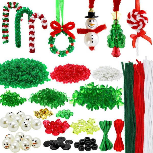 Hifunwu 45 Sets Christmas Beaded Ornament Kit, Christmas Beads for Crafts with Pipe Cleaners to Make Snowman Christmas Tree Wreath Candy Cane Lollipop Xmas Holiday Decorations Party Supplies