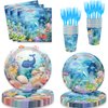 100 Pcs Ocean Under The Sea Party Dinnerware Ocean Paper Plates Napkins Forks Cups Dinnerware for Underwater World Sea Life Theme Baby Shower 1st 2nd 3rd 4th Birthday Party Decorations Supplies