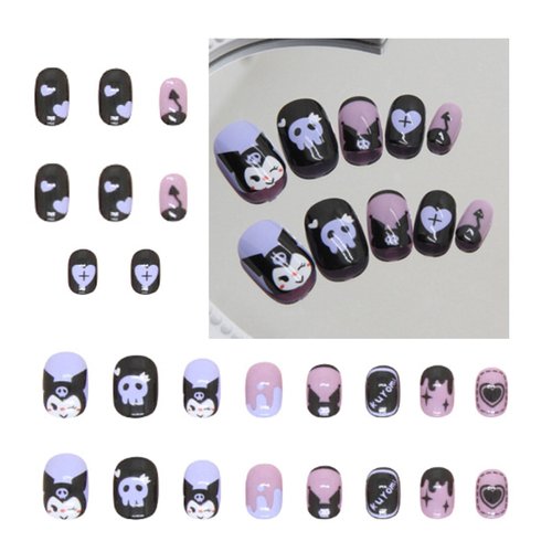 Generic 24PCS Black Rabbit Short Press on Nails,Black and Purple Press on Nails Short for Girls and Women,Fake Nails Kit with Glue Jelly Glue Stick Mini File and Wet Wipes