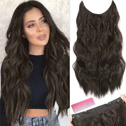 Halo Hair Extensions 20 Inch Invisible Wire Hair Extensions with Adjustable Size Transparent Headband 4 Secure Clips Dark Brown Long Wavy Secret Hairpiece for Women(20 Inches, Dark Brown)