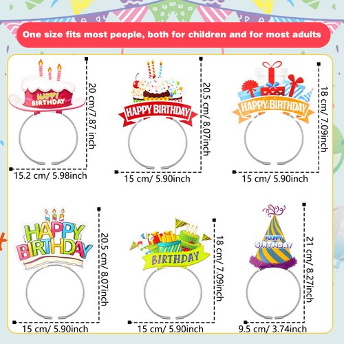 Rcanedny 12 Pcs Happy Birthday Headbands Funny Birthday Party Headbands Paper Birthday Hat Headbands for Kids and Adults Birthday Party Supplies, 6 Colors