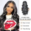 LEOSA Long Body Wavy Balck& Grey V Part Synthetic Wig For Black Women Highlight Full Head Clip In Hair Extensions Long Body Wave Wig for Women Synthetic Hair Replacement Wig (24Inch, Black&Grey#)