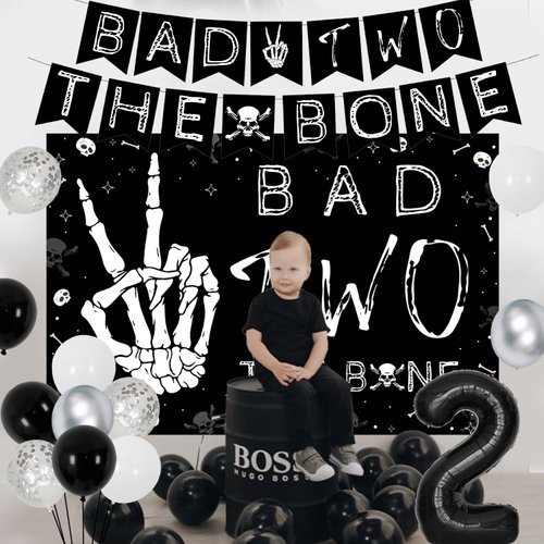 Bad Two the Bone Themed 2nd Birthday Party Decorations for Boys Black Bad Two The Bone Backdrop Banner, Skeleton Theme Birthday Decorations for Boys Girls Music Rock and Roll Birthday Party Supplies