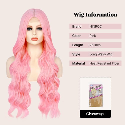 Ninroc Pink Wigs For Women, Long Wavy Pastel Pink Wig Middle Part Natural Looking Heat Resistant Synthetic Wig for Daily Party Use 26 inches