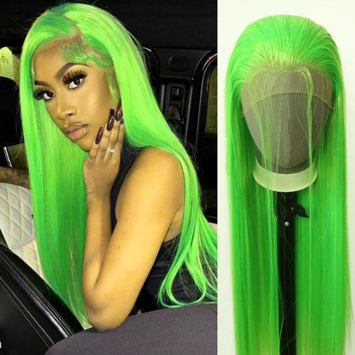 zigzag hair Lime Green Wig Long Straight Lime Green Synthetic Lace Front Wigs Pre Plucked with Na...