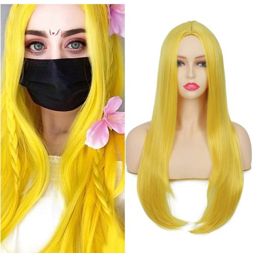 Swiking Yellow Long Straight Wigs for Women Middle Part Heat Resistant Full Wigs Cosplay Party Halloween and Daily Use