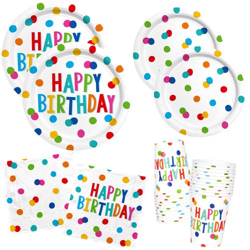 Happy Birthday Decorations: Kids' Birthday Party Supplies with Dots Design - Includes Happy Birthday Plates and Napkins, Disposable Paper Cups, Serves 16