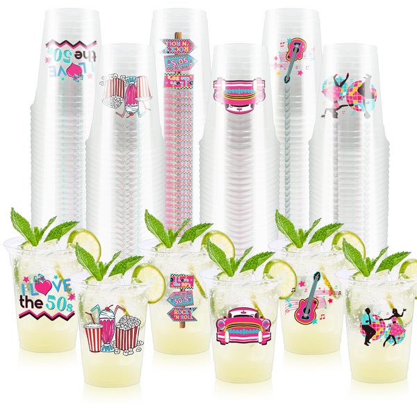 ZCPTZ 90 Pcs 50's Party Plastic Cups 12oz,1950's Rock and Roll Disposable Cups Back to 50s Retro Party Tableware 50's Theme Party Decorations for 50's Theme Birthday Party Music Party Supplies