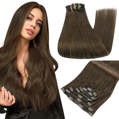 Full Shine Brown Hair Clip in Extensins Real Human Hair 120 Grams Medium Brown Invisible Clip in Hair Extensions 7 Pcs Double Weft Straight Remy Hair Thick Ends 16 Inch