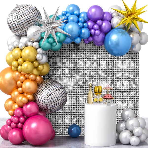 Winrayk Disco Party Decorations Birthday Supplies with Metallic Disco Balloon Garland Arch Kit Silver Sequin Backdrop Disco Ball Balloons for Adult Women Men 70s 80s 90s Disco Themed Party Decorations