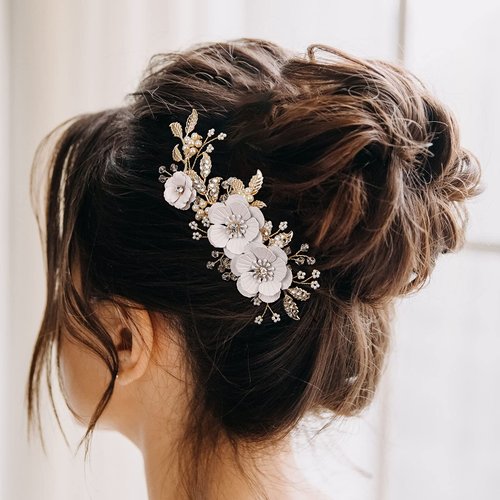 AW BRIDAL Rhinestone Pearls Bridal Hair Comb White Flower Wedding Hair Pieces Pearl Hair Side Comb Wedding Hair Accessories for Brides (Silver)