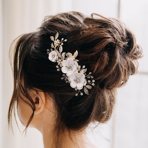 AW BRIDAL Rhinestone Pearls Bridal Hair Comb White Flower Wedding Hair Pieces Pearl Hair Side Comb Wedding Hair Accessories for Brides (Silver)