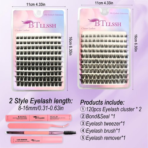BTLLSSH Lash Extension Kit DIY 240pcs Lash Clusters Eyelash Extension Kit Individual Lashes Kit with Lash Bond & Seal Remover Lash Tweezers for Self Use (003E-0.31-0.63INCH-MixStyles)