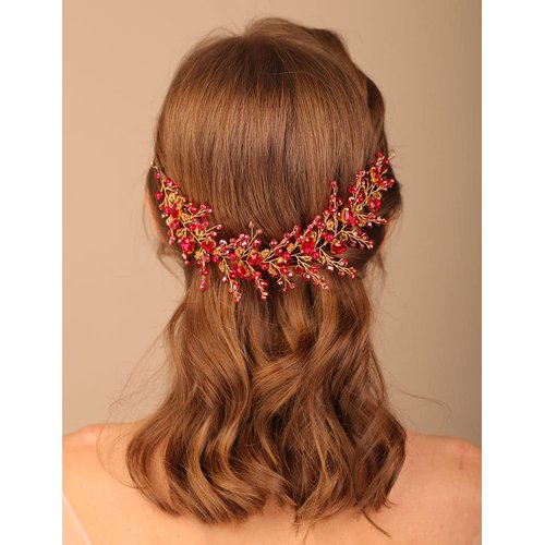 Denifery Red Wedding Headpiece Bridal Hair Vine Tiara with Red Rhinestones Boho Vines Romantic He...