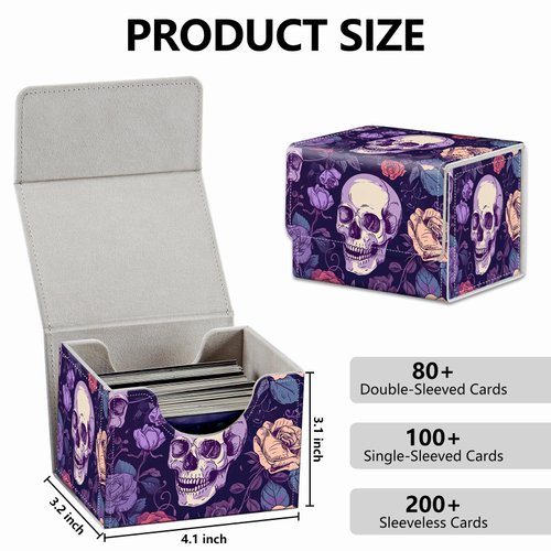 Strong Magnet Card Case Deck Box Mtg Card Box Playing Card Box Magic Deck Box Tcg Up to 200 Cards Creative Pattern Trading Card Storage Box for Collectible Card Games, Purple Skulls And Roses