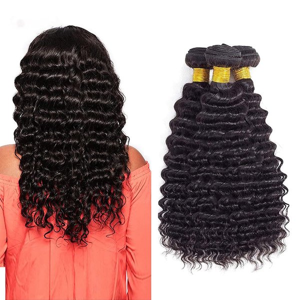 Human Hair Bundles Deep Wave 12A Brazilian Virgin Deep Curly Hair Extensions 3 Bundles Natural Black 12"14"16" Inches 100% Unprocessed Virgin Remy Hair Weft Bundles