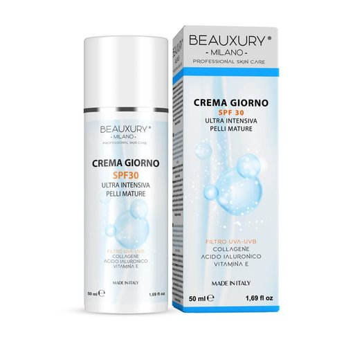 Beauxury Milano Anti-Aging SPF 30 Day Cream with UVA UVB Sun Protection and Lifting Action for Mature Skin - High Hydration Booster Formula 50 ML, Silicone-Free, Allergen-Free Fragrance.