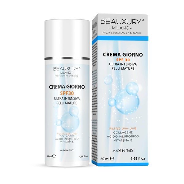 Beauxury Milano Anti-Aging SPF 30 Day Cream with UVA UVB Sun Protection and Lifting Action for Mature Skin - High Hydration Booster Formula 50 ML, Silicone-Free, Allergen-Free Fragrance.