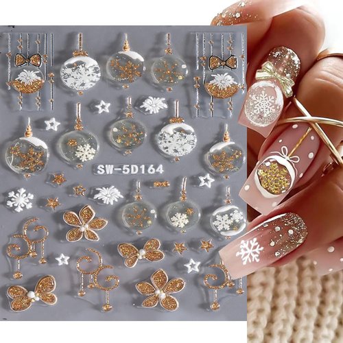 Christmas Nail Stickers, 5D Embossed Snowflake Nail Decals with Rhinestones Snowflake Bell Xmas Tree Winter Nail Design Holiday Nail Art Decoration for Women Girls(4Sheets)