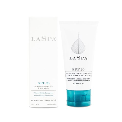 SPF20 Tinted Mineral Sunscreen by LASPA | Broad Spectrum UVA & UVB Protection | Non-Comedogenic & Fragrance-Free | Hypoallergenic | Matte Finish, 5 Shades For All Skin Tones (Rich Brown) 1.07oz