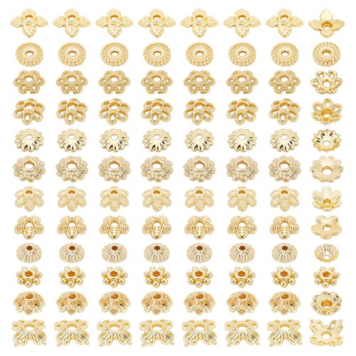 PH PandaHall 144pcs 24K Gold Plated Flower Bead Caps, 12 Styles Brass End Caps Golden Spacer Beads Caps 4~6mm Hollow Jewelry Spacer Caps for DIY Craft Earrings Bracelets Necklaces Jewelry Crafts