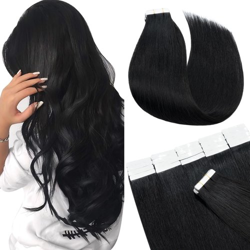 SEGO Tape in Hair Extensions Human Hair 22 Inch Jet Black 20pcs 50g Straight Natural 100% Remy Rooted Seamless Skin Weft Invisible Double Sided Tape Hair for Women