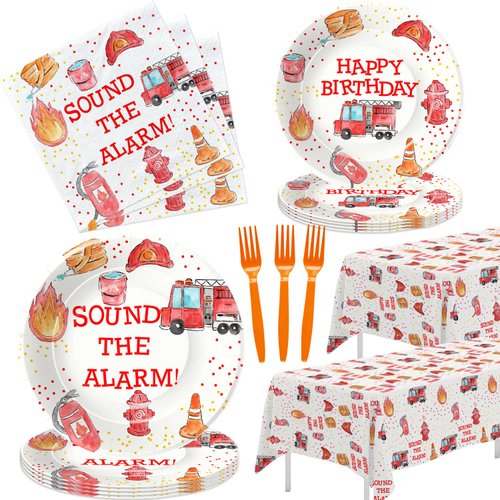 HIPVVILD Fire Truck Birthday Party Supplies Tableware - Firefighter Party Supplies, Firetruck Bir...