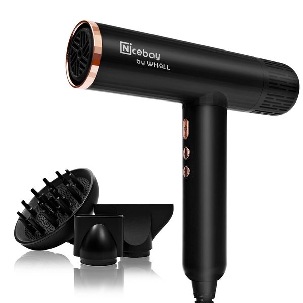 Nicebay Ionic Hair Dryer, Professional Blow Dryer with 3 Attachments, 110000RPM High-Speed Brushless Motor for Fast Drying, Lightweight, Low Noise, 1600W Hairdryer with Diffuser
