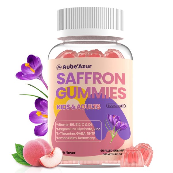 Saffron Gummies for Kids Adults 88.5mg, 15-in-1 Saffron Supplements for Kids, with B6, B12, C, D3, Magnesium Glycinate, Zinc for Nerve, Rest, Focus, Sugar Free, Vegan, Non- GMO, Peach Flavor, 60 Count