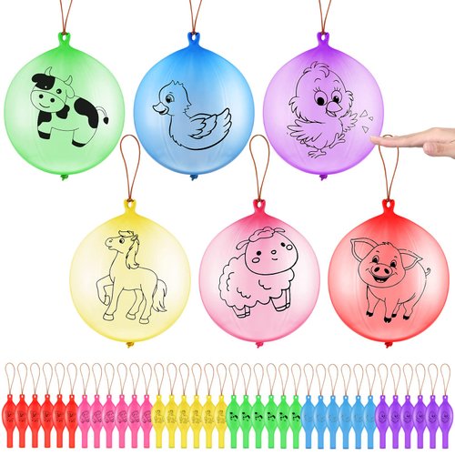 36 Pcs Punch Balloons Farm Animal Punching Balloon Farmhouse Party Favors for Kids Farm Animal Balloons with Rubber Band Handle Barnyard Animal Punch Balls for Birthday Animal Themed Party Decor