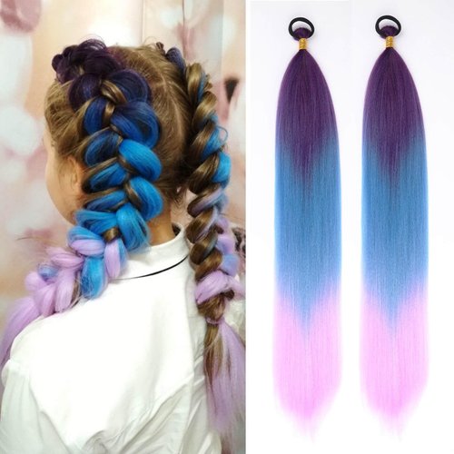 CHARSUN Braid Ponytail Hair Extensions with Elastic Tie,2 Pcs Straight Braid Hair Extension Rave Hair Natural Soft Hairpieces Synthetic Ponytail Extension 26 Inch(Purple/Blue/Light Purple)