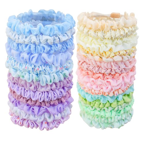 XIMA 30Pieces Elastic Hair Scrunchies,Small Satin Chiffon Fabric Hair Bands,Skinny Hair Ties Ropes Elastics Hair Accessories for Teen Girl Women