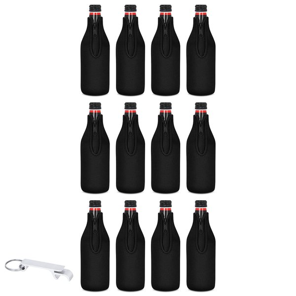 12 Pack Beer Bottle Cooler Sleeves Keep Drink Cold Zip-up Extra Thick Neoprene Insulated Sleeve Cover with Bottle Opener（12 Pack, Black)