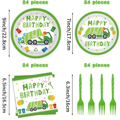 BQK 96 Pcs Garbage Truck Paper Plates Garbage Truck Birthday Decorations Garbage Truck Party Supplies Garbage Truck Party Favors