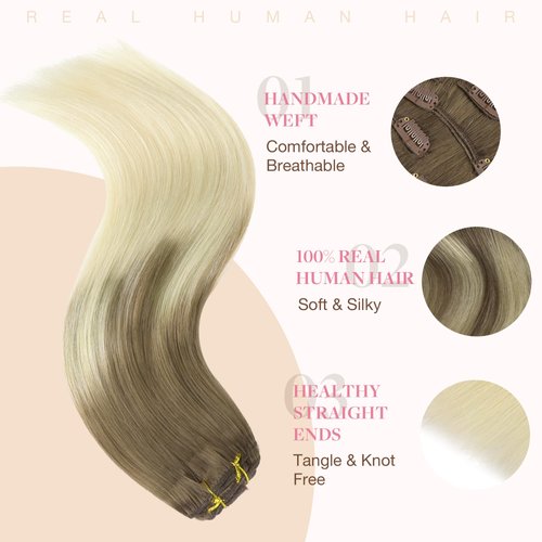 GOO GOO Clip in Hair Extensions Real Human Hair, 18inch 120g 7Pcs, 9/60 Balayage Ash Brown to Platinum Blonde, Remy Human Hair Extensions Clip ins for Women, Natural Human Hair