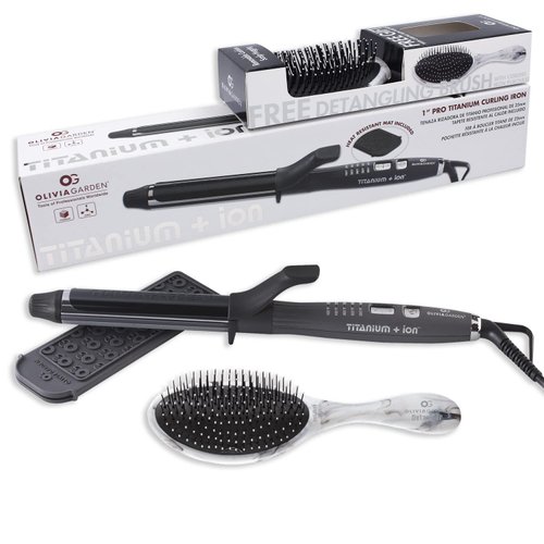 Olivia Garden Titanium + Ion 1" High Performance Professional Curling Iron Dual Voltage with Heat Resistant Heat Mat/Pouch and 1 Limited Edition Detangling Brush