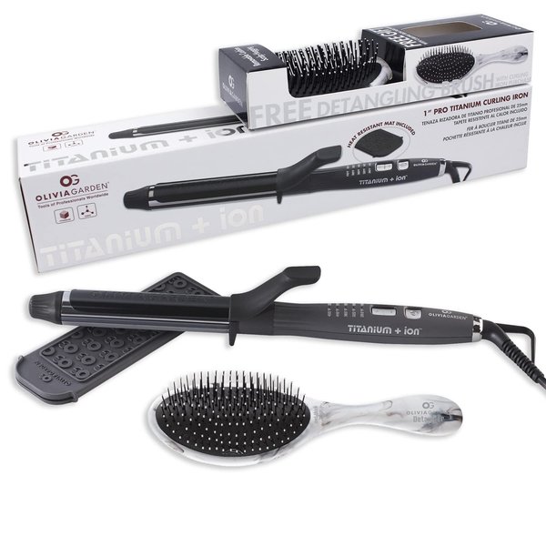 Olivia Garden Titanium + Ion 1" High Performance Professional Curling Iron Dual Voltage with Heat Resistant Heat Mat/Pouch and 1 Limited Edition Detangling Brush