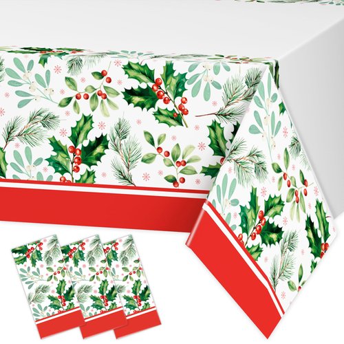 DYLIVeS Christmas Party Supplies, 3 PCS Holly Berry Disposable Tablecloths Christmas Plastic Table Covers for Merry Christmas Winter Holiday Party Decorations, Rectangular, 54 x 108 inch