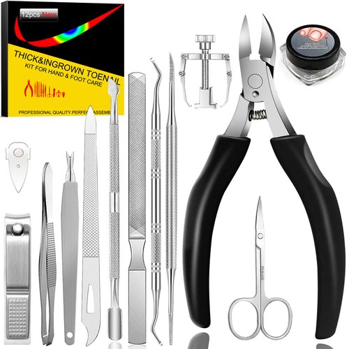 12pcs Ingrown Toenail Tools kit,Ingrown Toenail Treatment Professional Pedicure Tools Toenail Clippers for Ingrown & Thick Nail Stainless Steel Ingrown Toenail removal kit (Black)