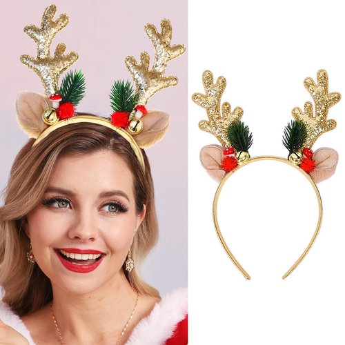 JEAIRTS Christmas Reindeer Antlers Headband Sequin Antler Ears Xmas Hair Band Cute Holiday Headbands Accessories for Women (1-Gold)