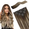 FUBILI Clip in Hair Extensions Ombre Real Human Hair Clip in Walnut Brown to Ash Brown Mix Light Blonde Balayage Remy Hair Extensions Double Weft For women 14inch 7Pcs 105G