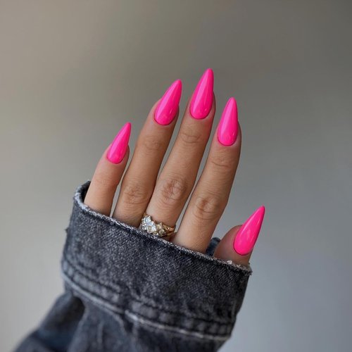 KQueenest 48 PCS Almond Press on Nails Medium Length,Press on Hot Pink Nails,Solid Vibrant Color,Medium Fake Nails Acrylic,Stiletto Nails Glue on,Gel Stick on Nails for Women Girls Finger Decoration