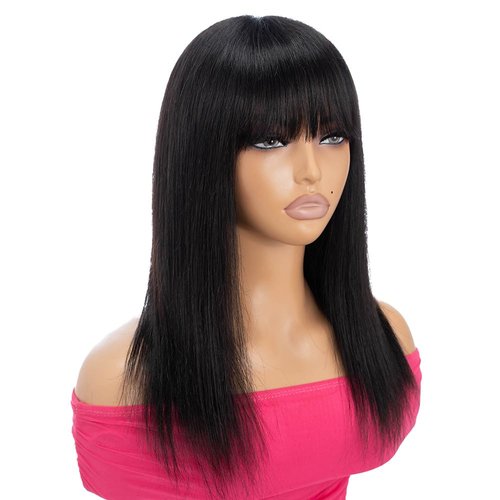 Rebecca Fashion Straight Human Hair Wigs with Scalp and Bangs Minimalist 2.75x1 Lace Scalp Wig for Black Women Glueless Wear and Go Wigs Brazilian Remy Hair 20" Natural Color