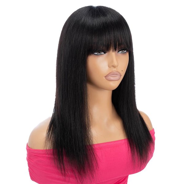Rebecca Fashion Straight Human Hair Wigs with Scalp and Bangs Minimalist 2.75x1 Lace Scalp Wig for Black Women Glueless Wear and Go Wigs Brazilian Remy Hair 20" Natural Color