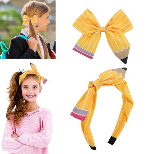 ZEYER Back To School Headband for Students & Teachers, Yellow Pencil Headbands & Pencil Bow Hair Clips Cute Pencil Bow Knotted Hairbands Back to School Hair Accessories 2PCS