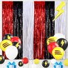 22Pcs Cartoon Ball Birthday Decorations, Red Black White 3.3x8.2ft Tinsel Foil Fringe Curtains Banners and Cute Balloons for Anime Pika Theme Birthday Party Decorations Boys and Girls Party Supplies