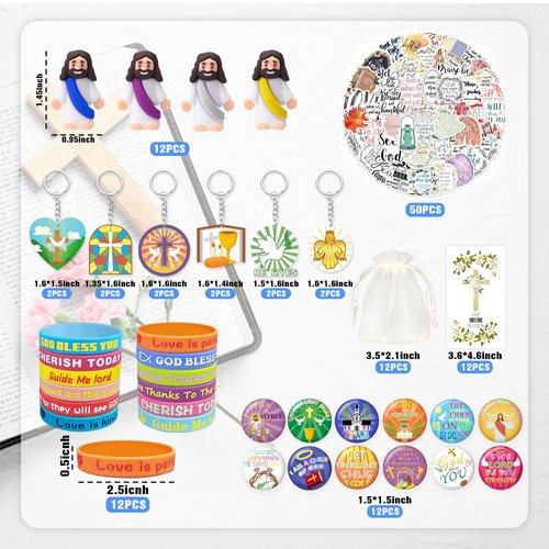 Tazimi 122 PCS Christian Bible Party Favors Jesus Party Favors Cross Goodie Bags with Stickers Rubber Bracelets Button Pins and Bags for Christian Party Supplies Decorations