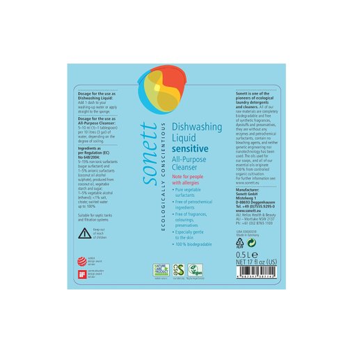 Sonett Organic Dishwashing Liquid, All Purpose Cleaner Sensitive Skin For People With Allergies (17 Fl.Oz (1 Count)) Certified Organically Grown